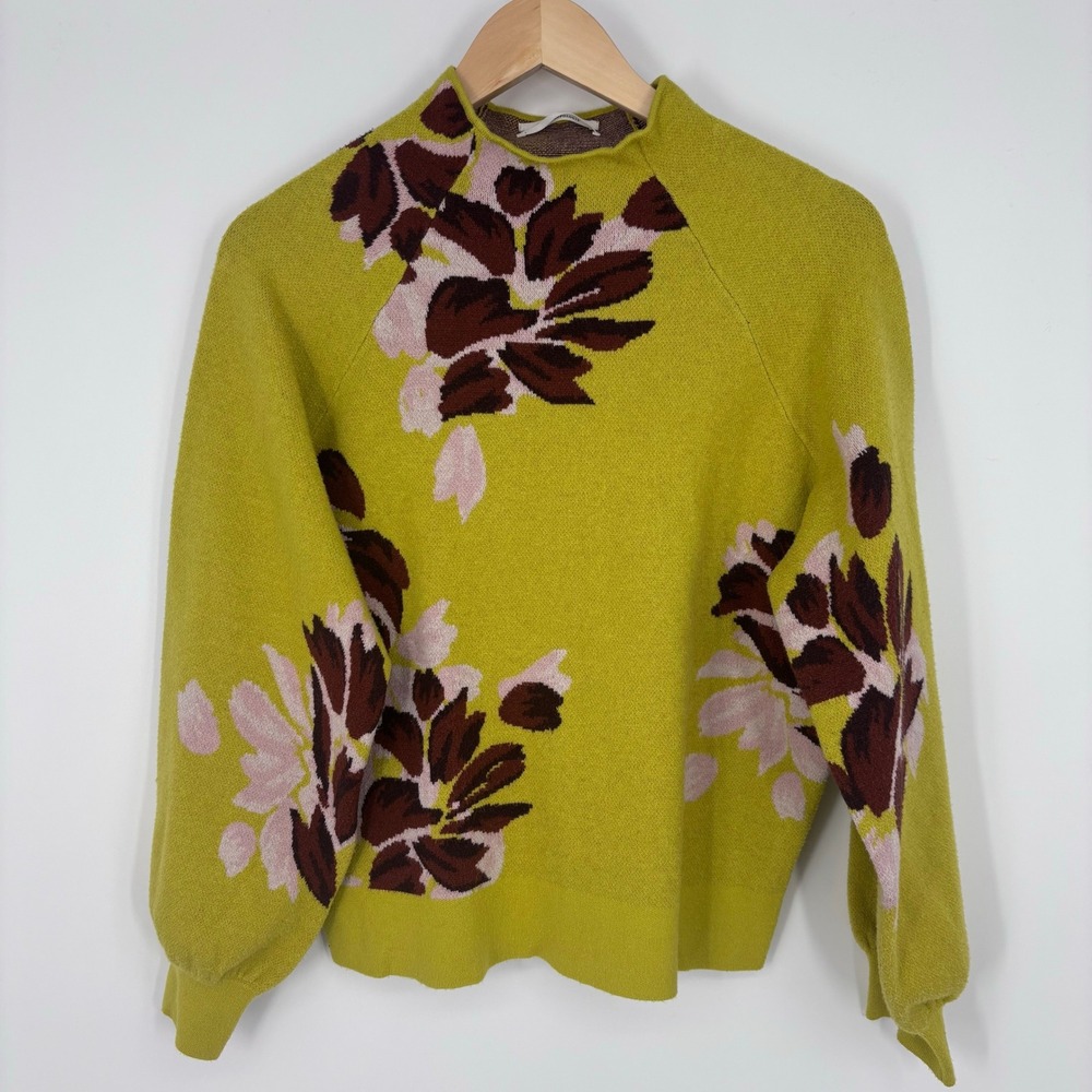 Anthropologie Beatriz Floral Intarsia Knit Mock Neck Sweater Womens L Lime Green